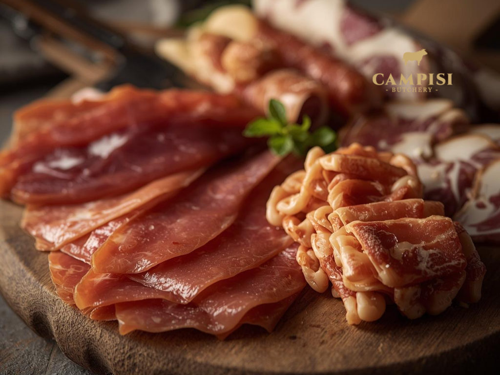  cured meats near me,salumi set, Butcher Sydney, Gourmet Meats, arranged salami bologna ham and prosciutto, Gourmet Meat Recipes 
